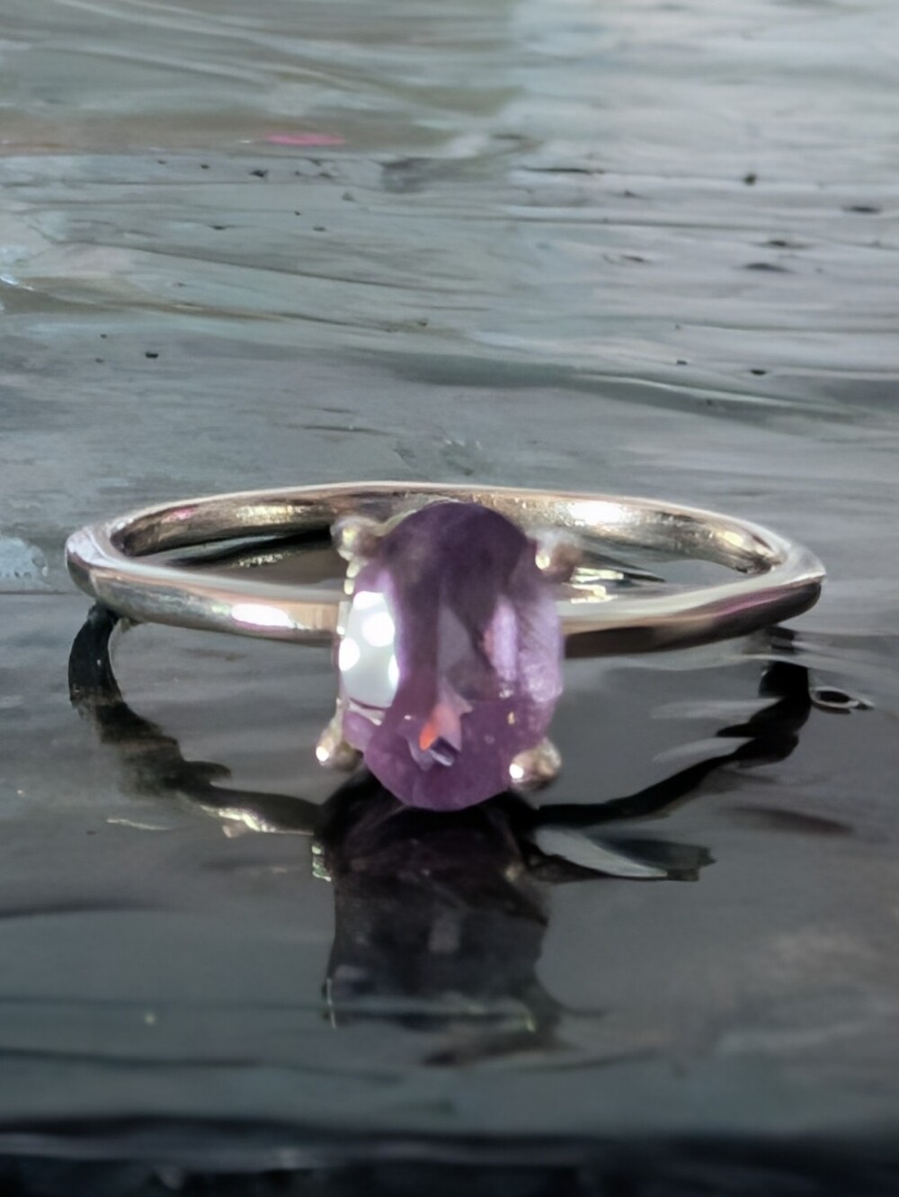 π Delicate Sterling Silver Solitaire Natural Amethyst Ring Size 7.5
